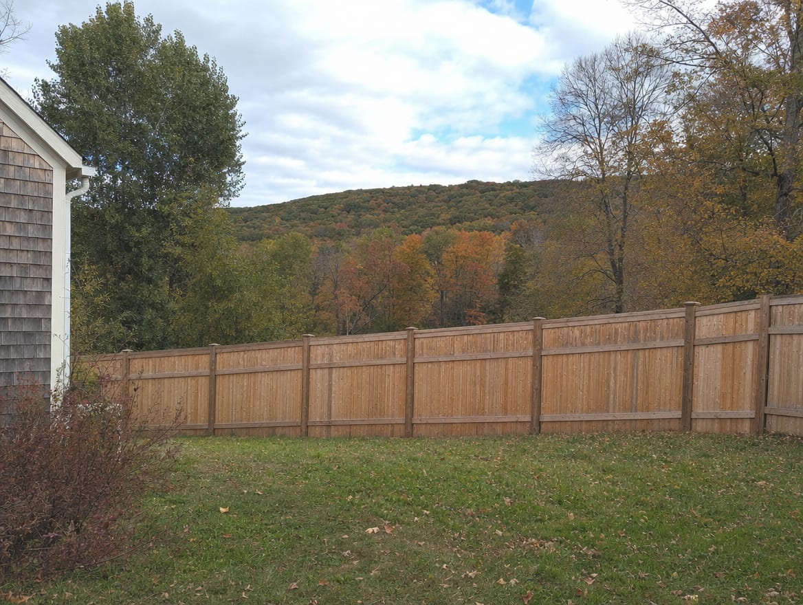 A full six foot tall wood privacy fence running along the back property line of a farmhouse yard in Sharon, CT