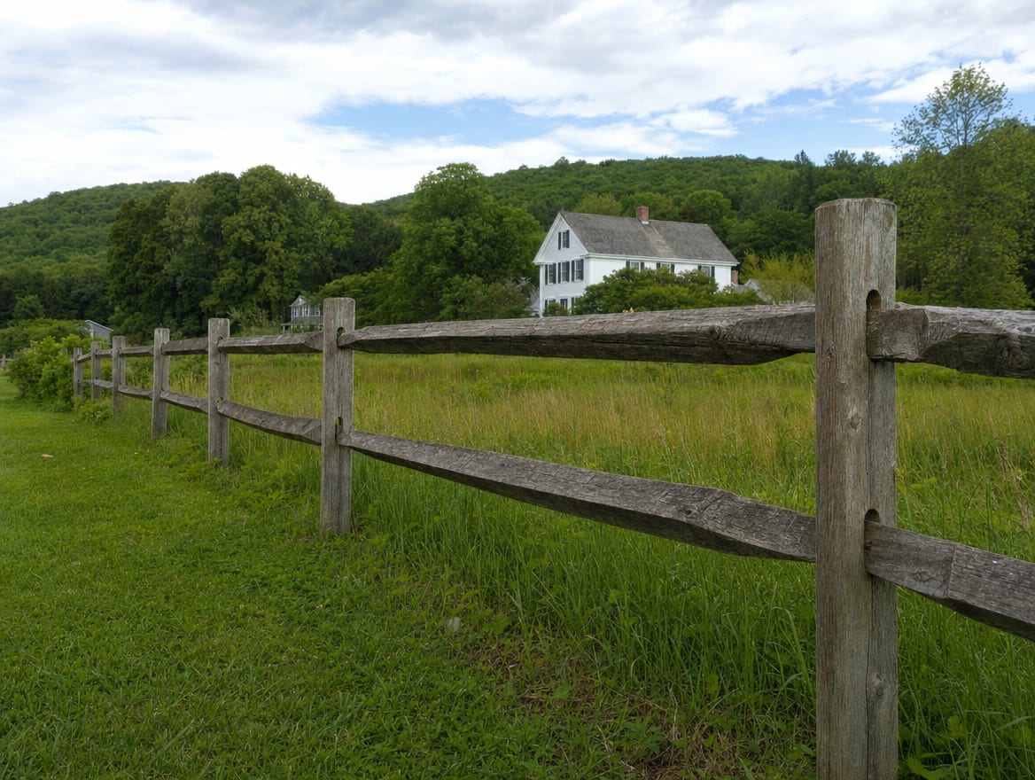 A wood split-rail or post-and-rail fence running along the edge of a field in Sharon, CT