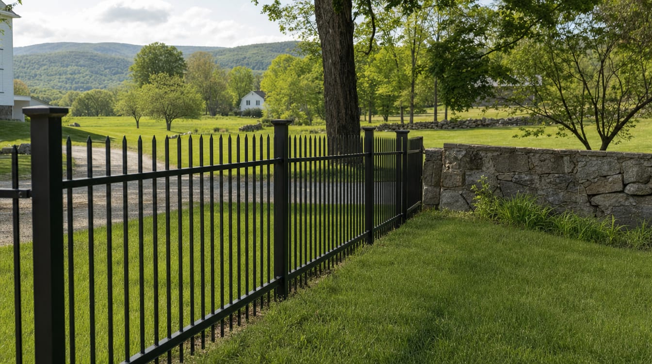 A black aluminum ornamental fence running along a front property line in Sharon, CT