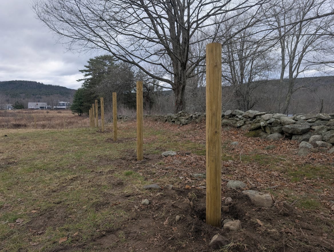 A fence installation in progress with newly set posts in Sharon, CT
