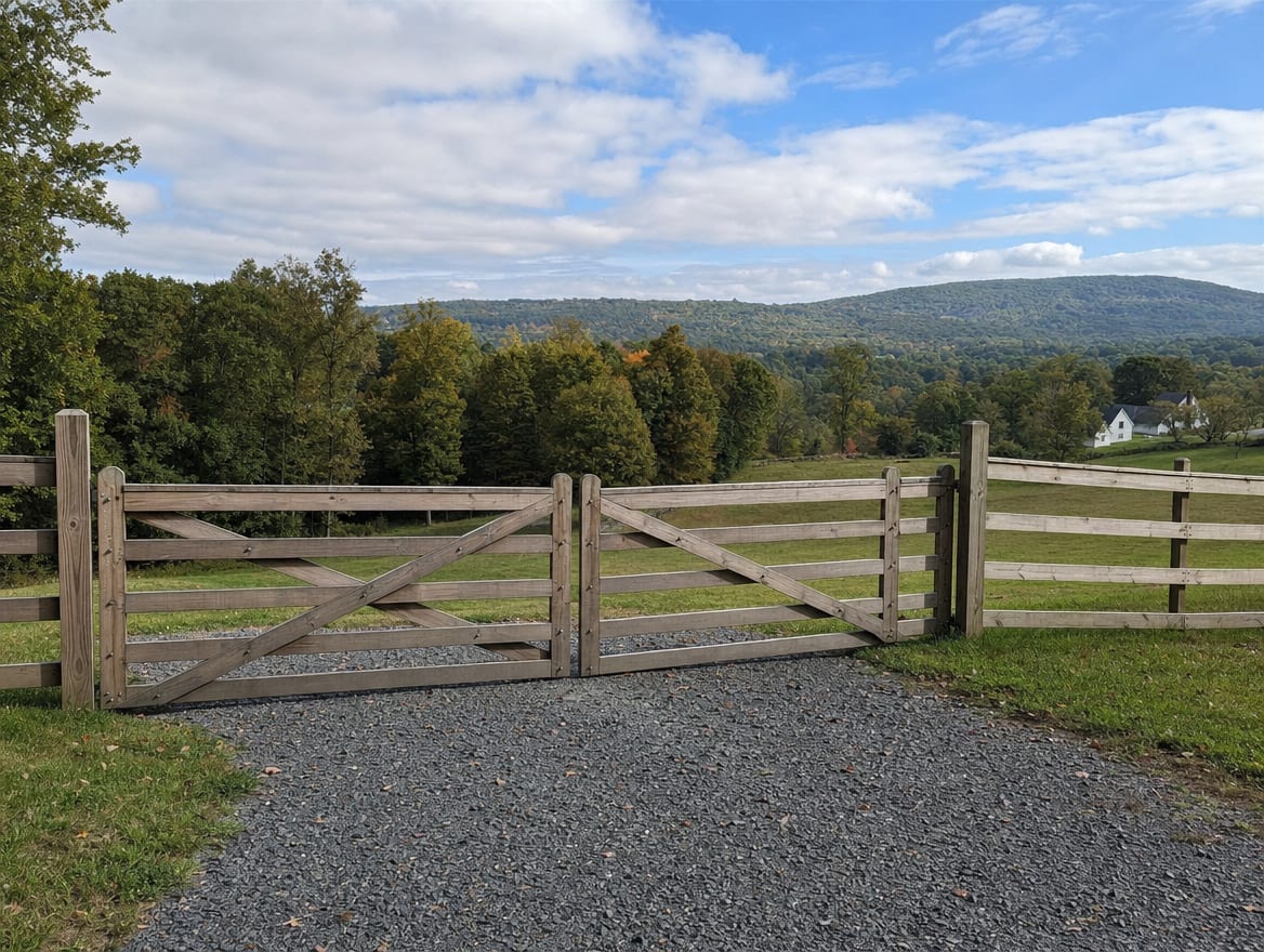 A wood driveway gate set into a fence at the entrance of a country property in Sharon, CT