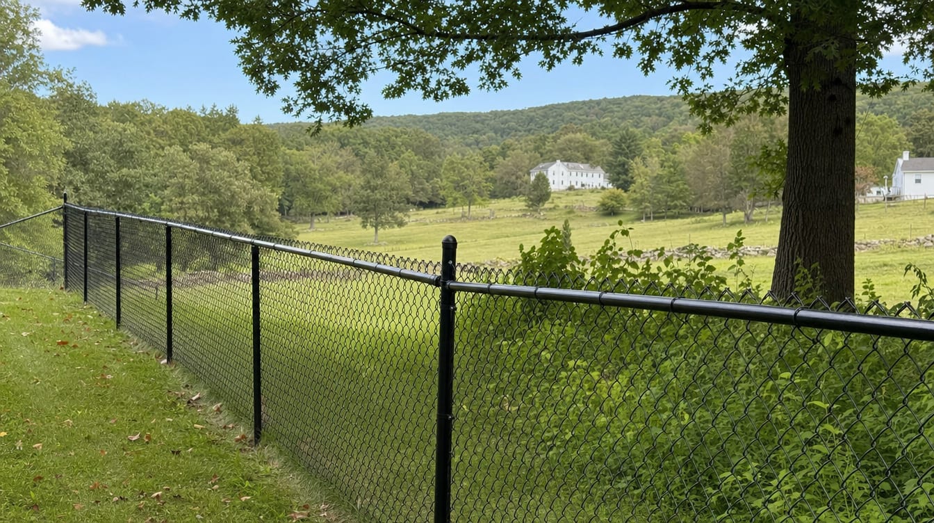 A chain link fence running along a rear property line of a backyard in Sharon, CT