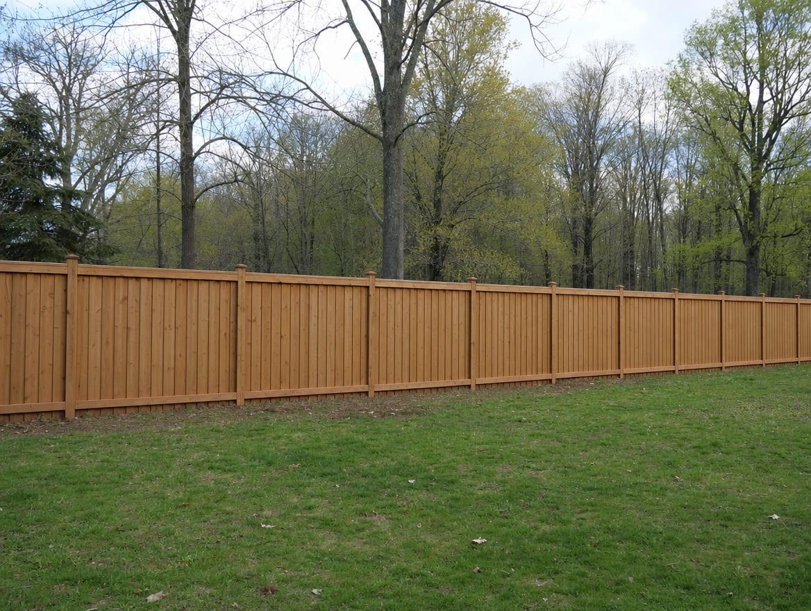 A full six foot tall wood privacy fence running along the back property line of a farmhouse yard in Sherman, CT