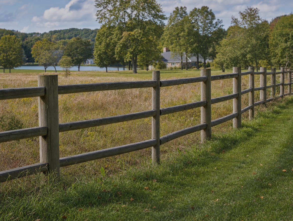 A wood split-rail or post-and-rail fence running along the edge of a field in Sherman, CT