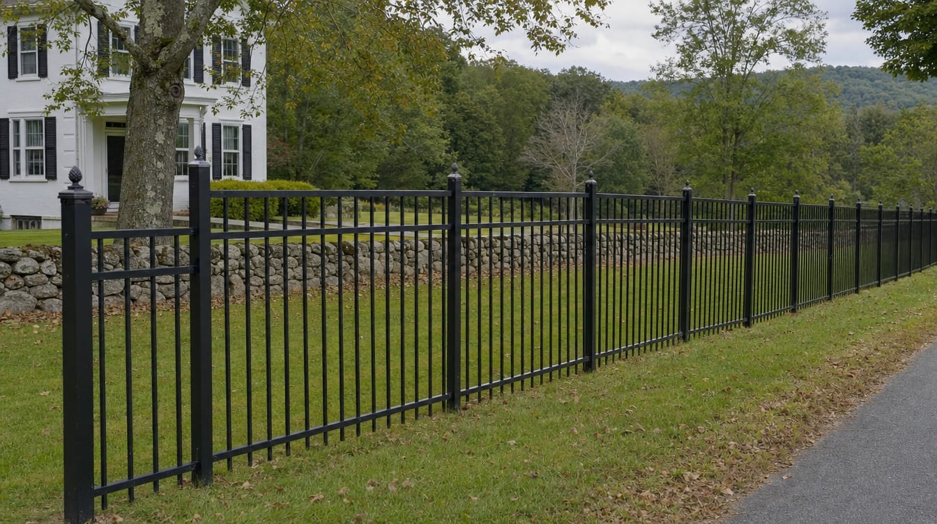A black aluminum ornamental fence running along a front property line in Sherman, CT