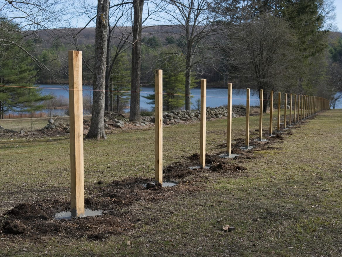 A fence installation in progress with newly set posts in Sherman, CT