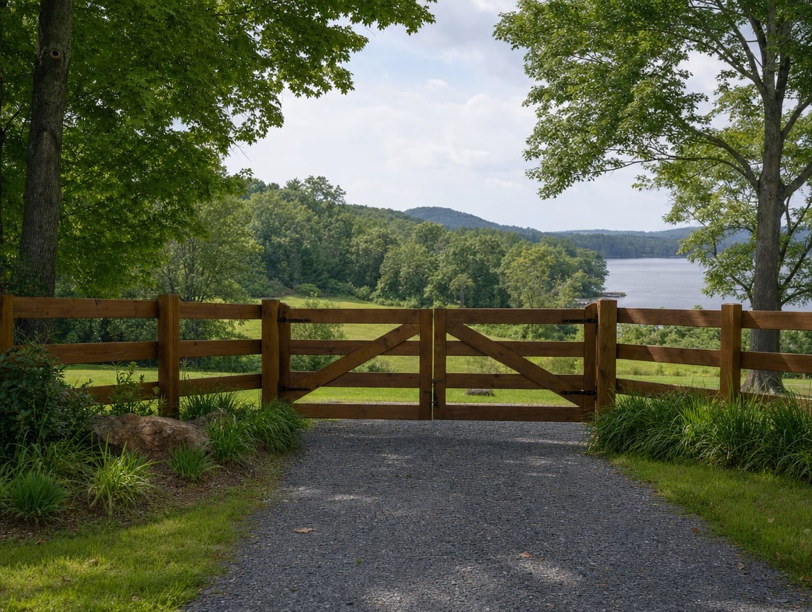 A wood driveway gate set into a fence at the entrance of a country property in Sherman, CT