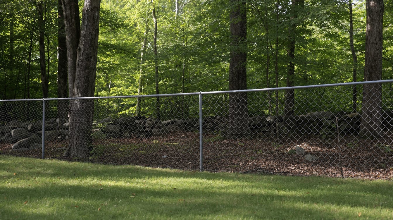 A chain link fence running along a rear property line of a backyard in Sherman, CT