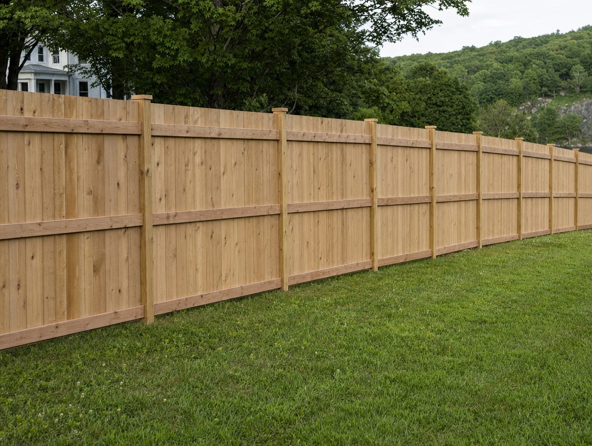 A full six foot tall wood privacy fence running along the back property line of a farmhouse yard in South Kent, CT