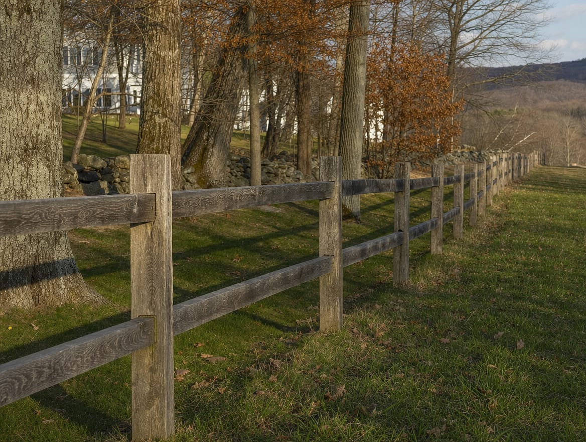 A wood split-rail or post-and-rail fence running along the edge of a field in South Kent, CT