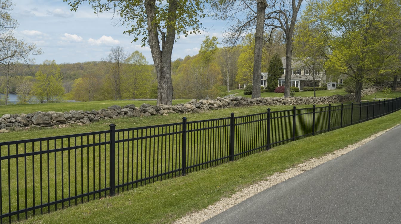 A black aluminum ornamental fence running along a front property line in South Kent, CT