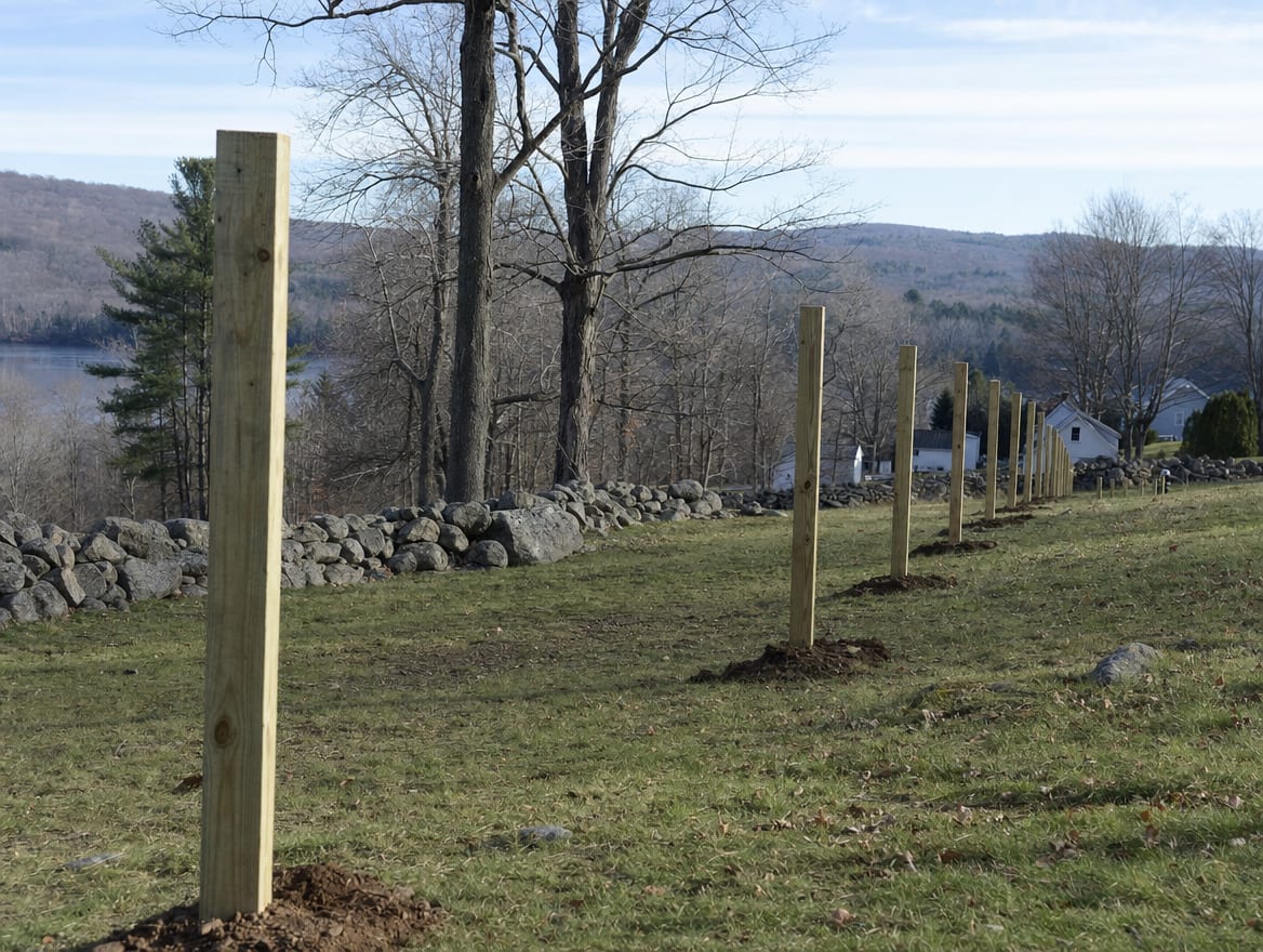 A fence installation in progress with newly set posts in South Kent, CT