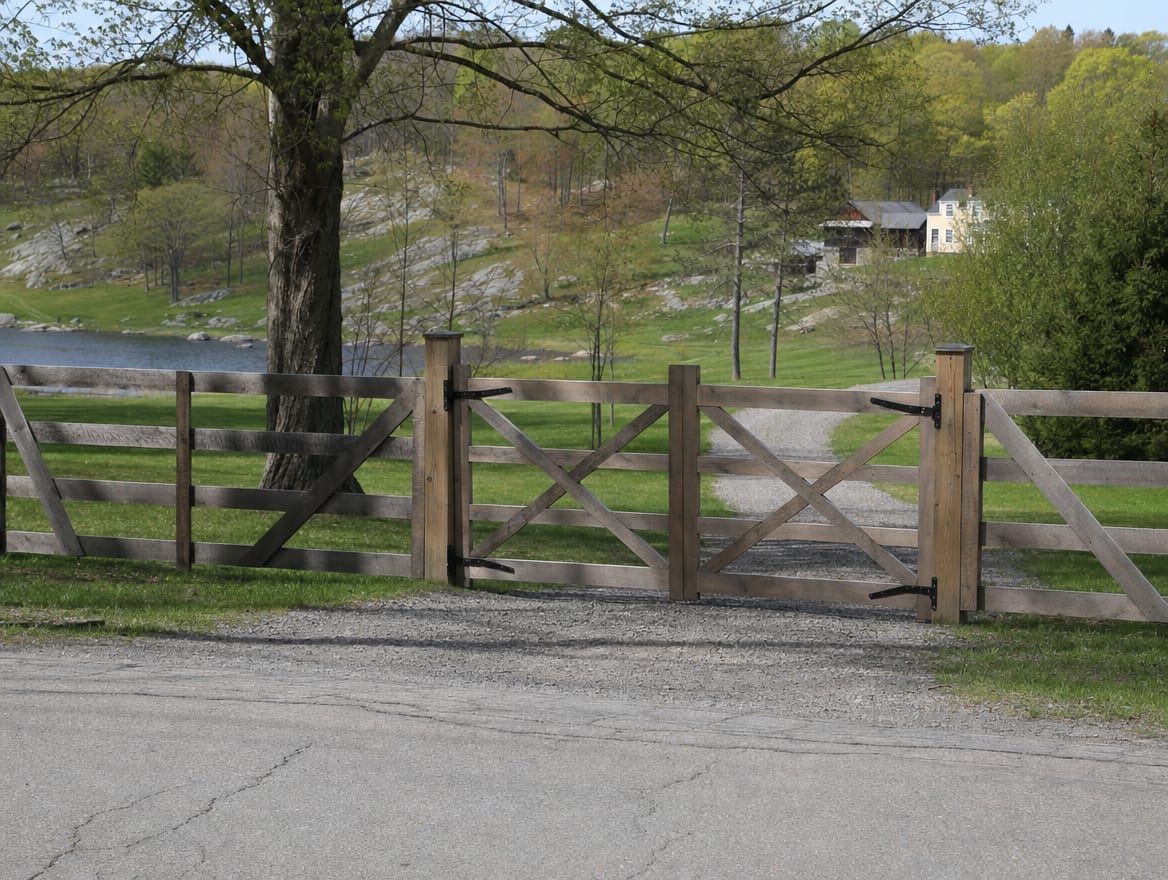 A wood driveway gate set into a fence at the entrance of a country property in South Kent, CT