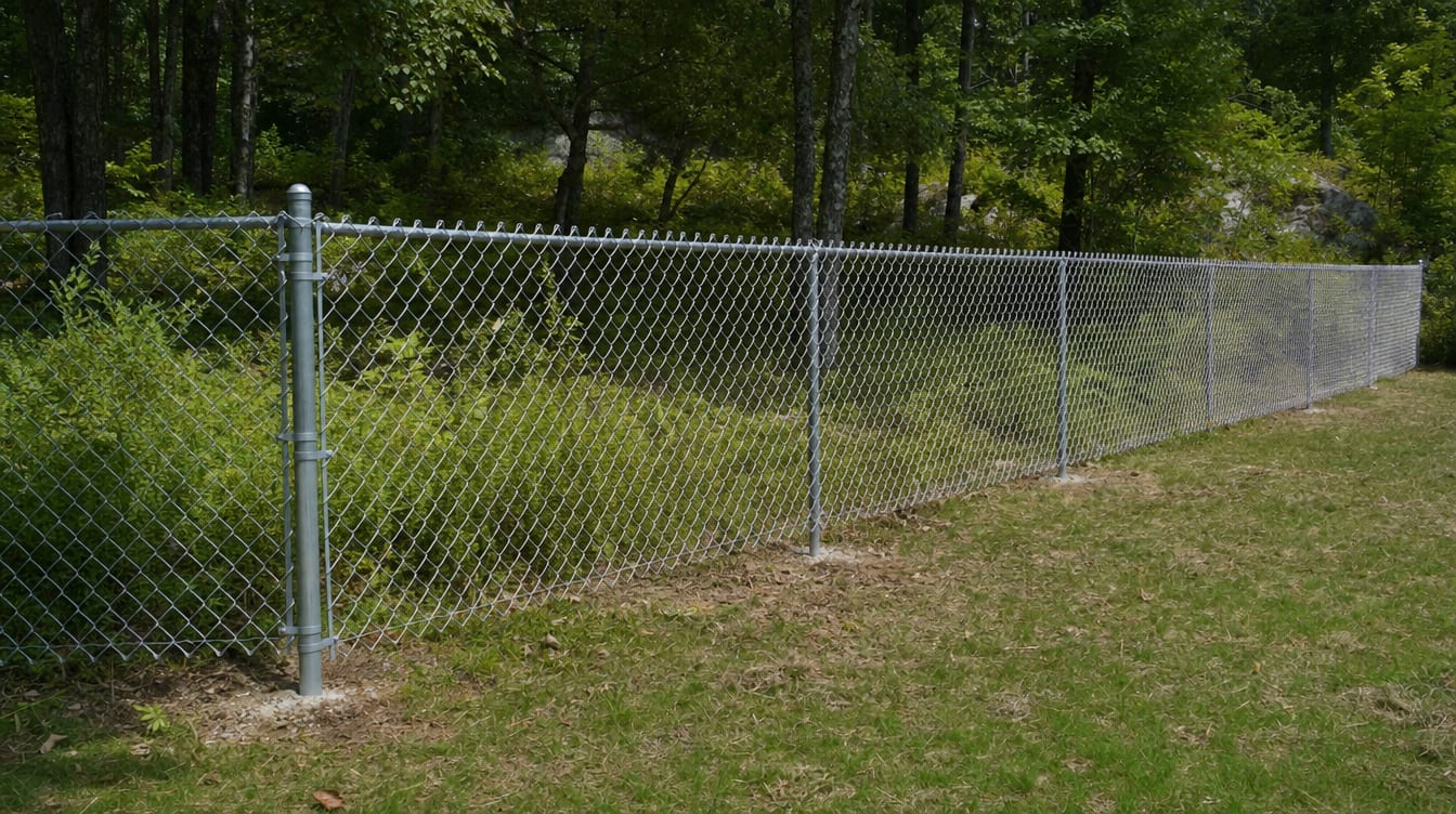 A chain link fence running along a rear property line of a backyard in South Kent, CT