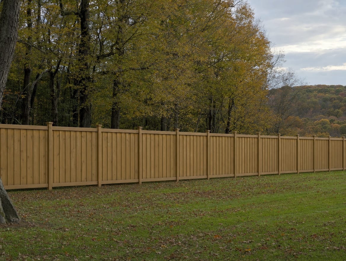 A full six foot tall wood privacy fence running along the back property line of a farmhouse yard in South Salem, NY