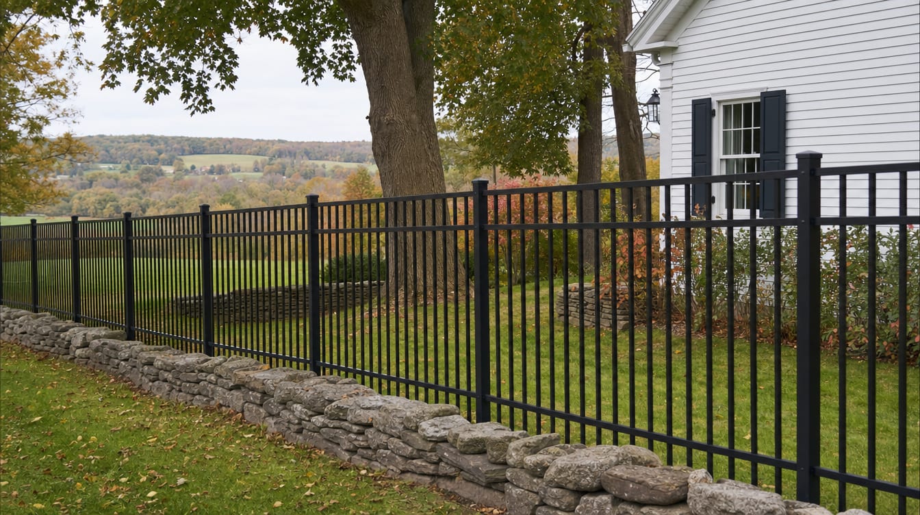 A black aluminum ornamental fence running along a front property line in South Salem, NY