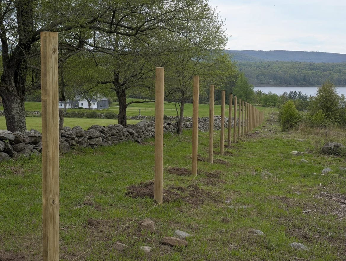 A fence installation in progress with newly set posts in South Salem, NY