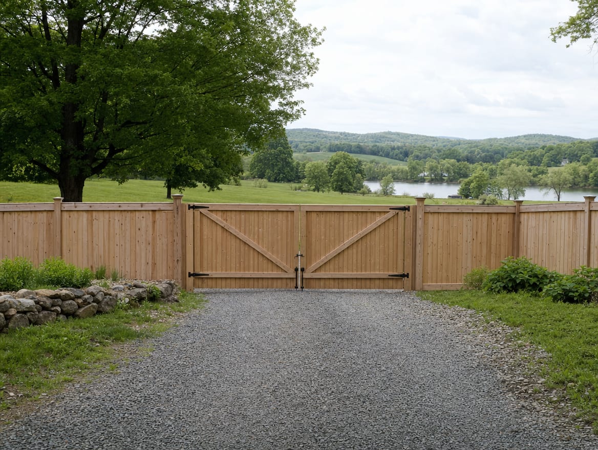 A wood driveway gate set into a fence at the entrance of a country property in South Salem, NY