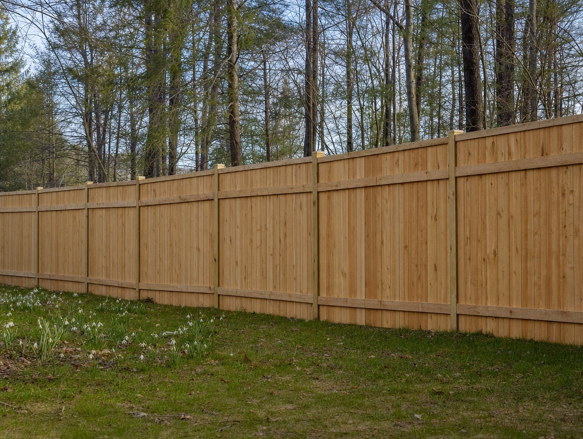 A full six foot tall wood privacy fence running along the back property line of a farmhouse yard in Southbury, CT