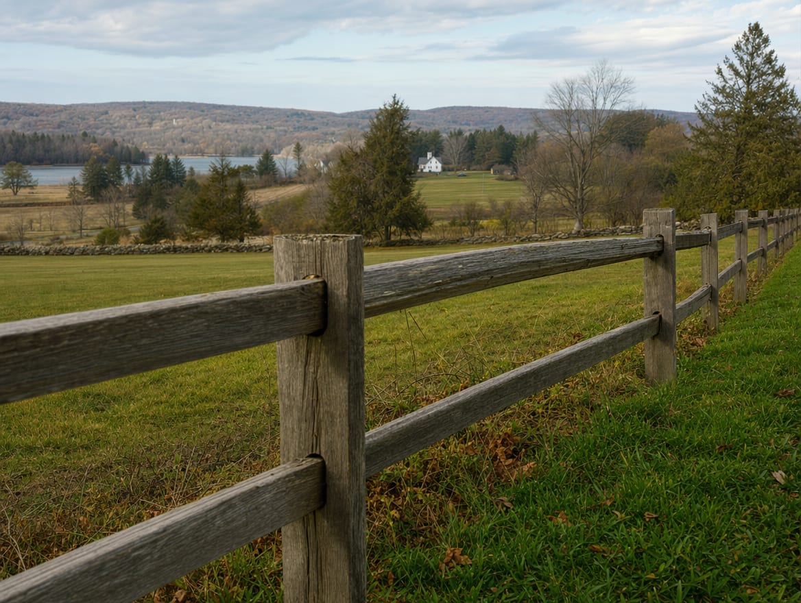 A wood split-rail or post-and-rail fence running along the edge of a field in Southbury, CT