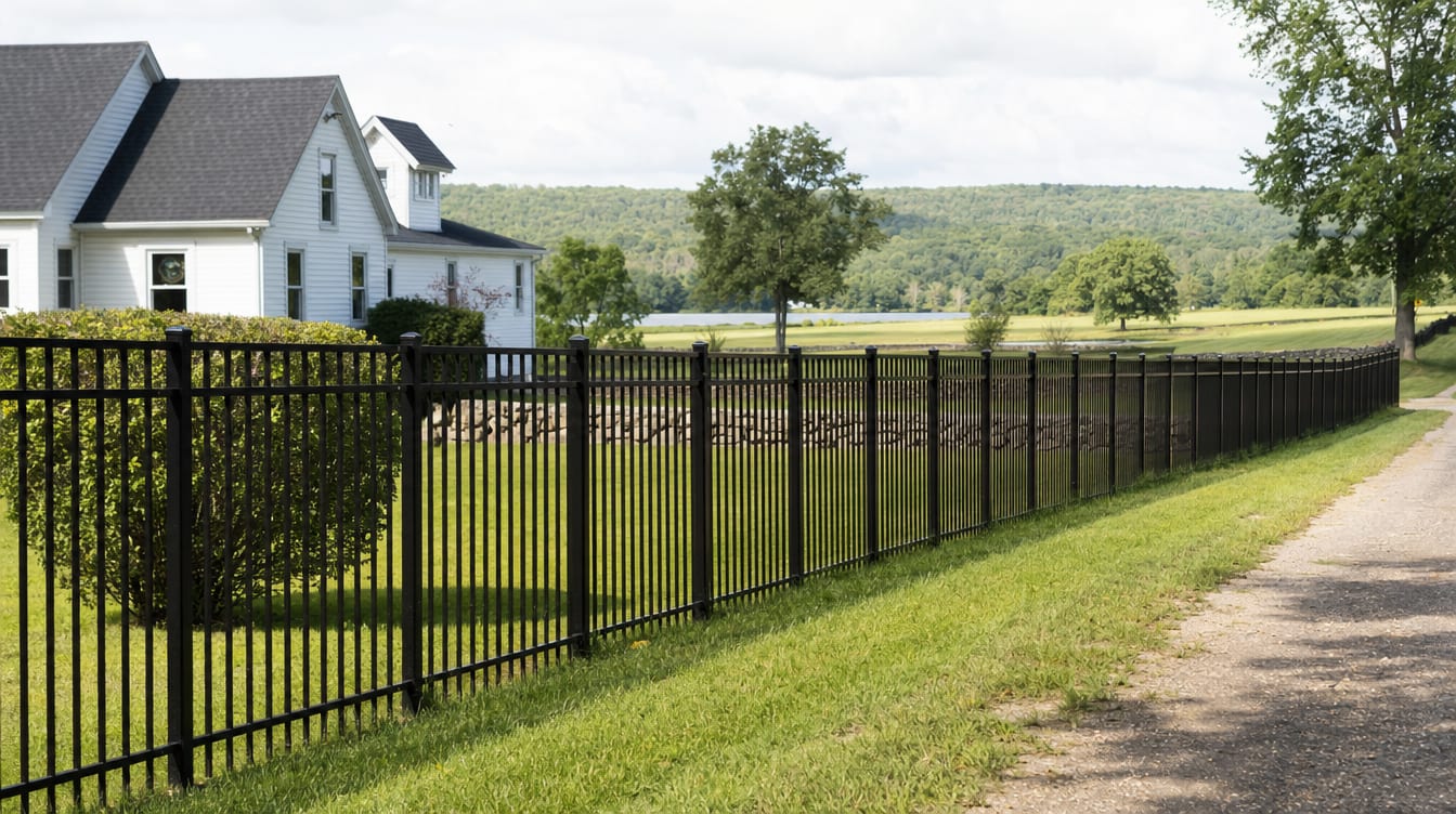 A black aluminum ornamental fence running along a front property line in Southbury, CT