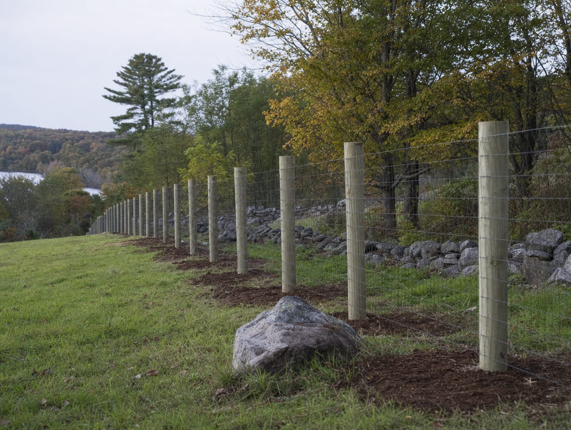 A fence installation in progress with newly set posts in Southbury, CT