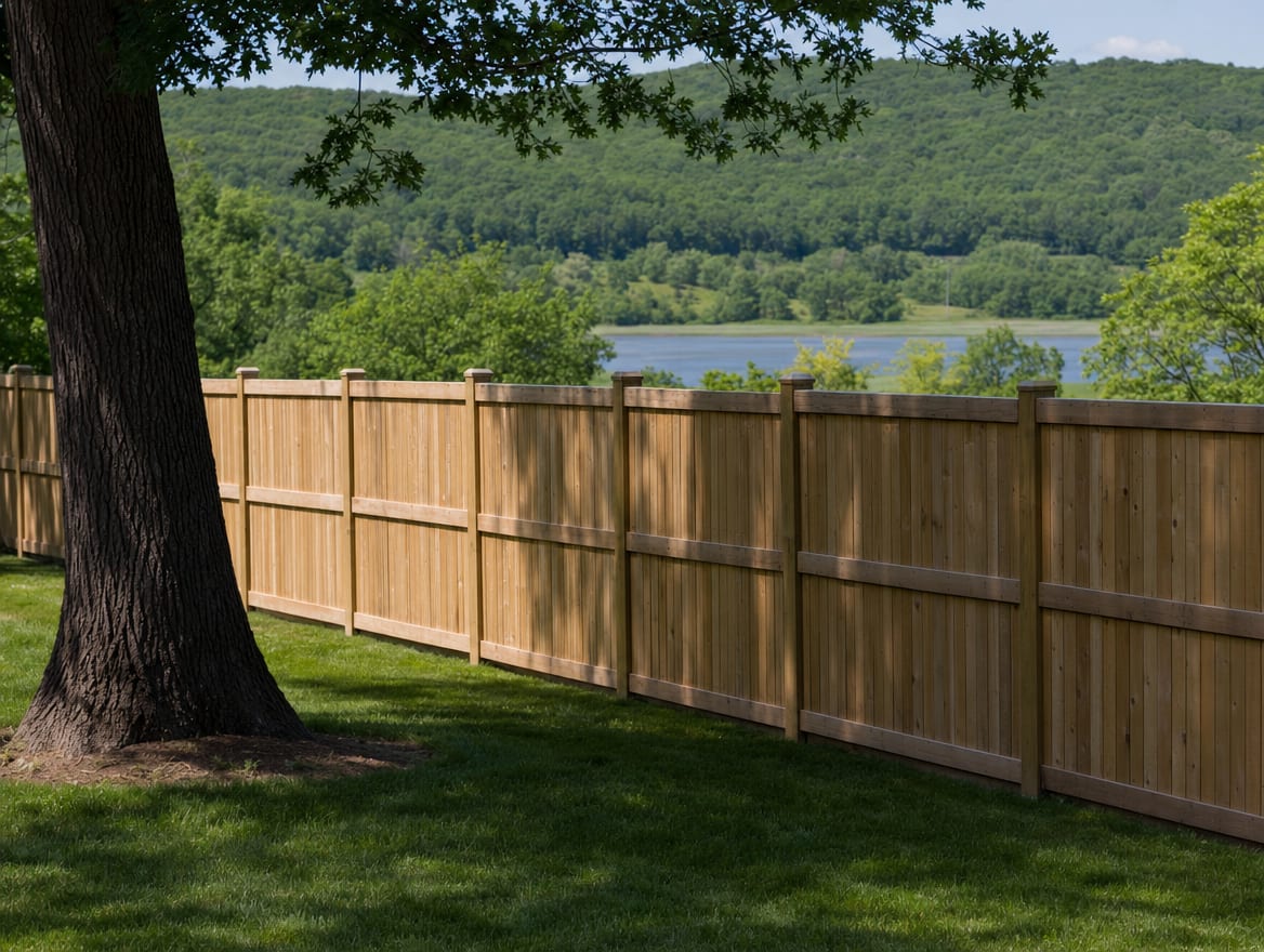 A full six foot tall wood privacy fence running along the back property line of a farmhouse yard in Southeast, NY
