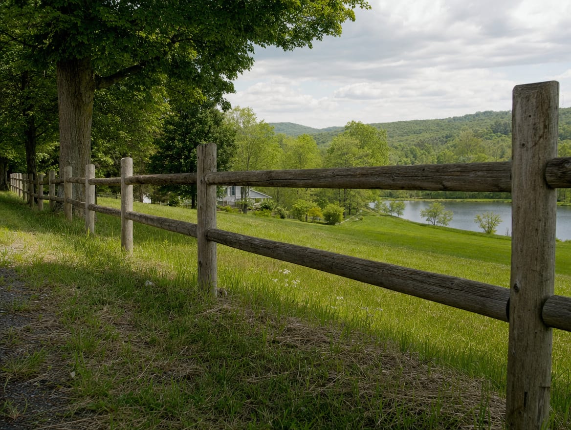 A wood split-rail or post-and-rail fence running along the edge of a field in Southeast, NY