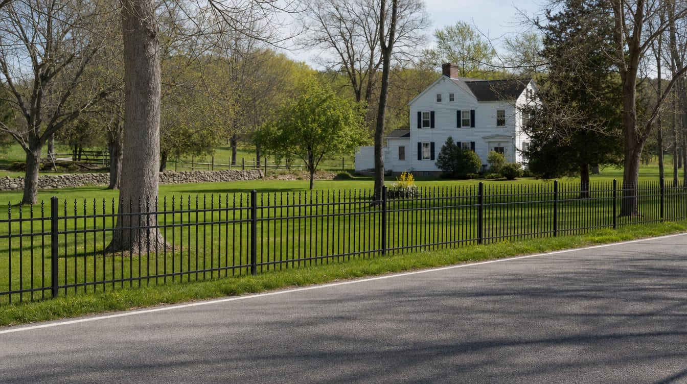 A black aluminum ornamental fence running along a front property line in Southeast, NY