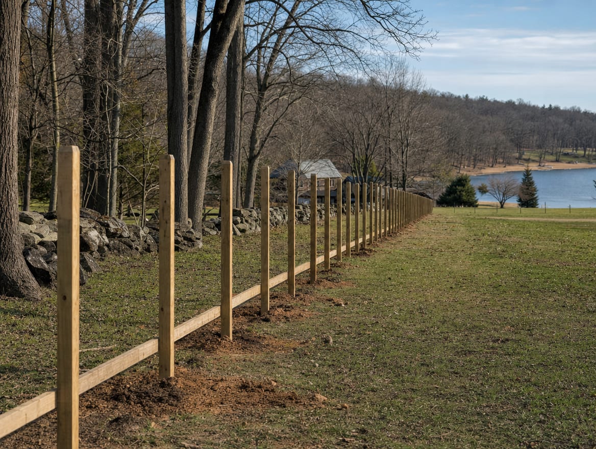 A fence installation in progress with newly set posts in Southeast, NY