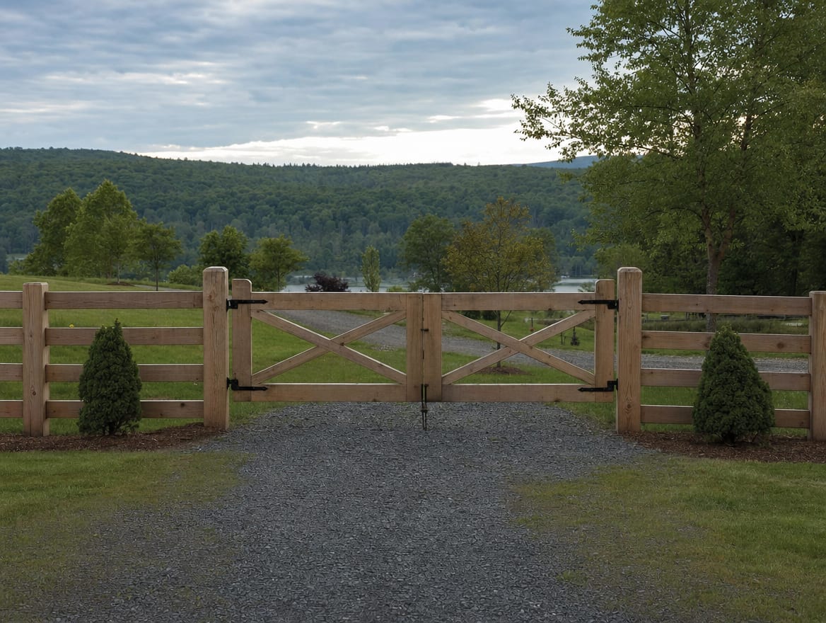 A wood driveway gate set into a fence at the entrance of a country property in Southeast, NY