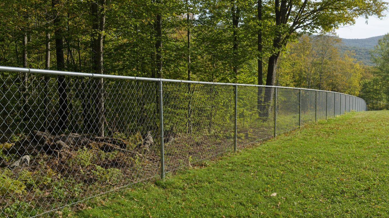 A chain link fence running along a rear property line of a backyard in Southeast, NY