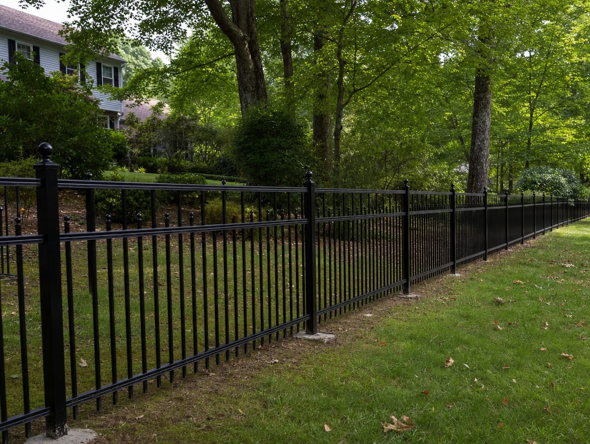 A black aluminum ornamental fence running along a front property line in Stamford, CT