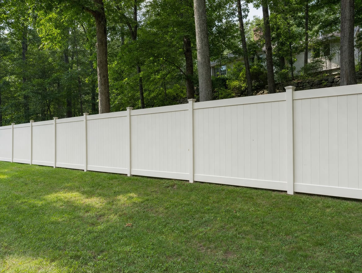 A full six foot tall white vinyl privacy fence running along a backyard property line in Stamford, CT