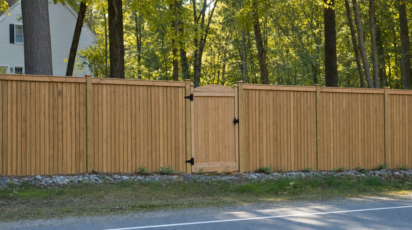 A full six foot tall wood privacy fence with a matching gate set into the run in Stamford, CT