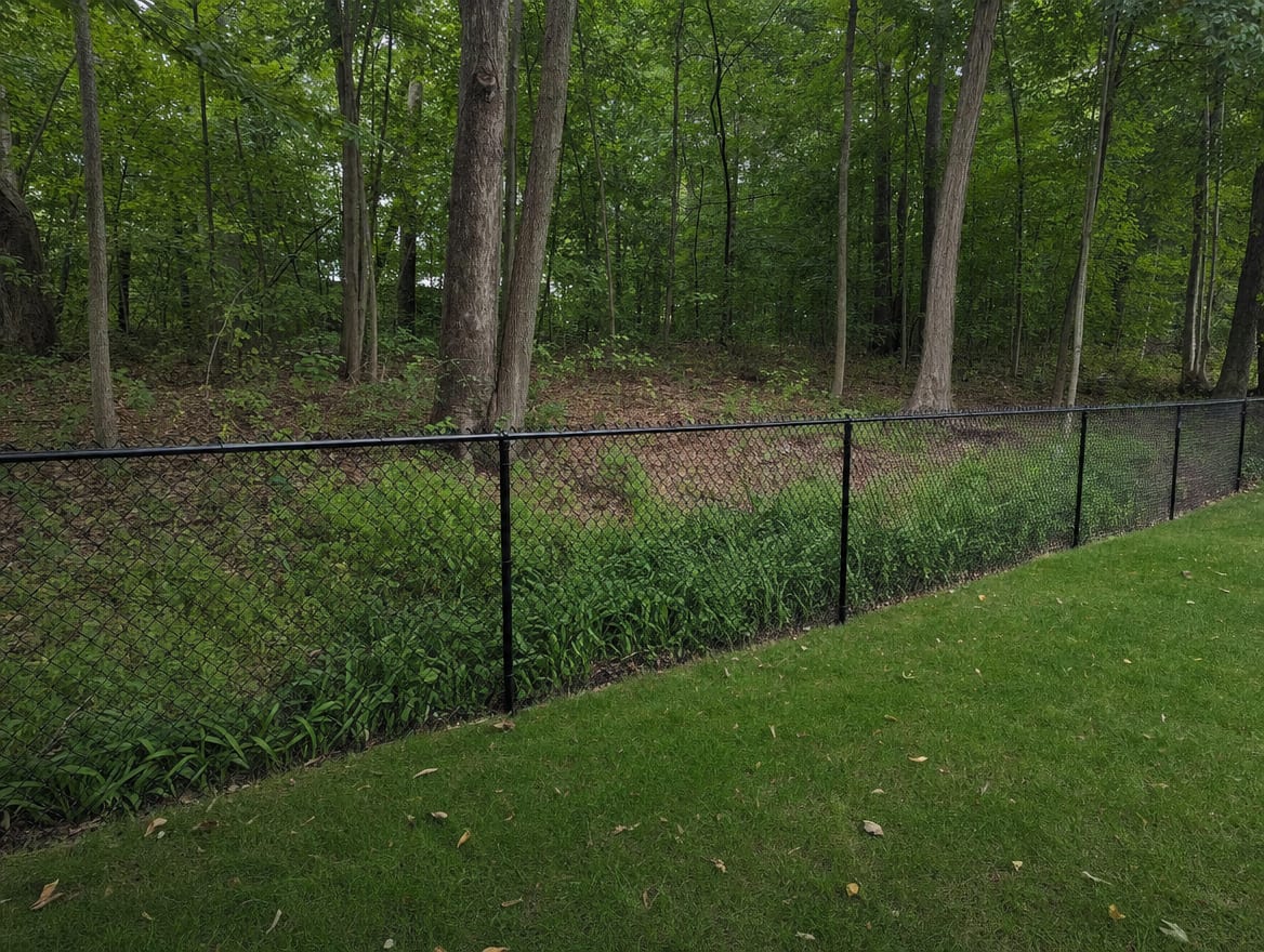 A black chain link fence running along a rear property line of a backyard in Stamford, CT