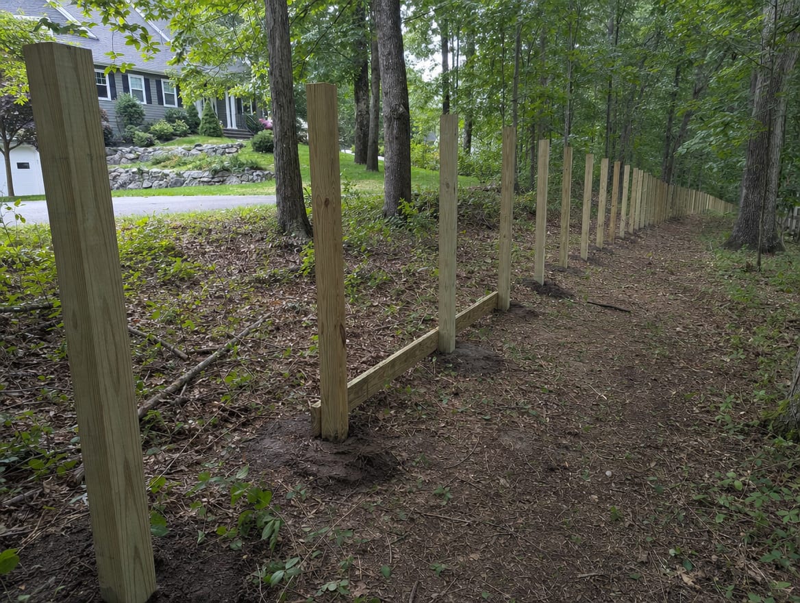 A residential fence installation in progress with newly set posts in Stamford, CT