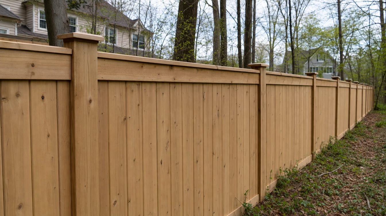 A close view of the top of a finished full six foot tall wood privacy fence with a clean flat post cap, the fence continuing along the property line out of frame in Stamford, CT