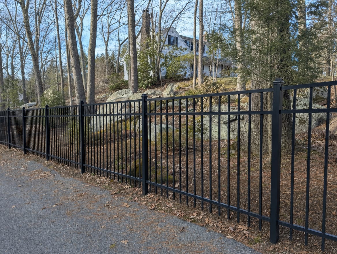 A black aluminum ornamental fence running along a front property line in Thomaston, CT