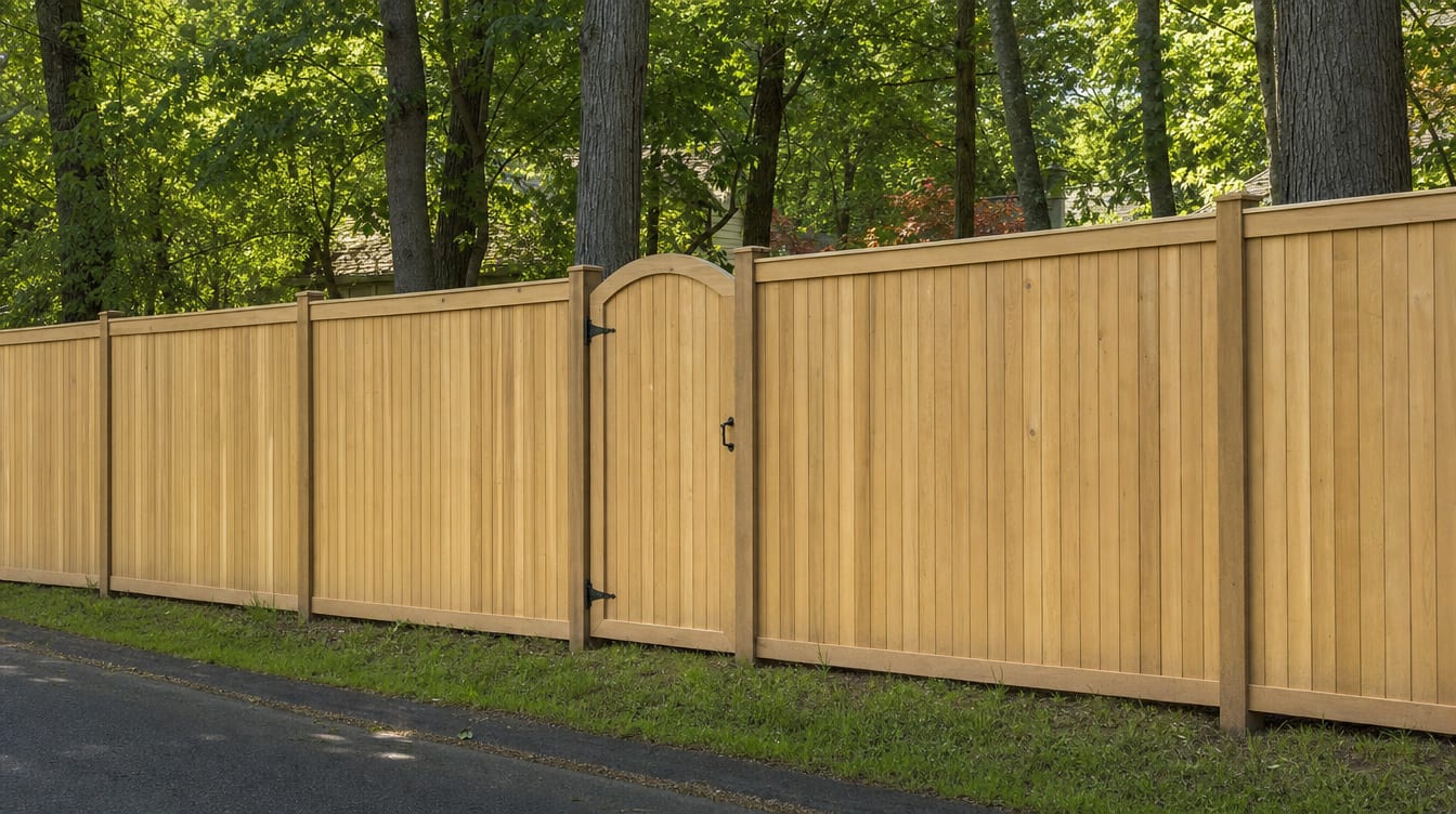 A full six foot tall wood privacy fence with a matching gate set into the run in Thomaston, CT