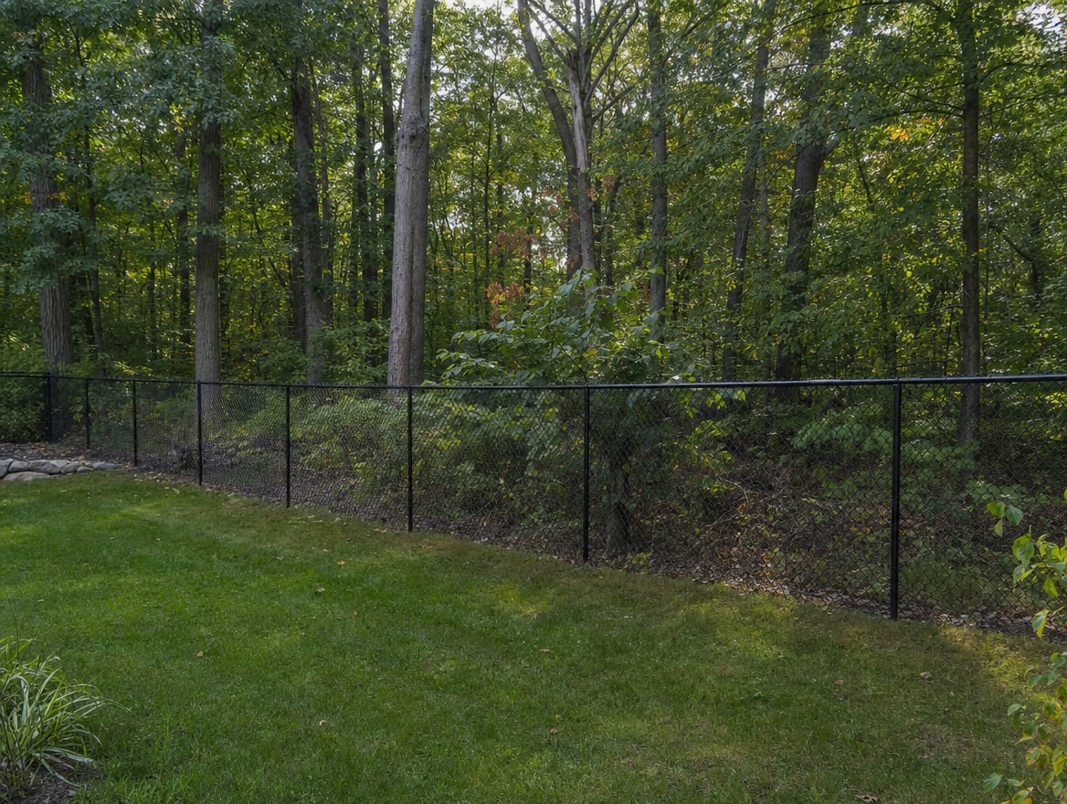 A black chain link fence running along a rear property line of a backyard in Thomaston, CT
