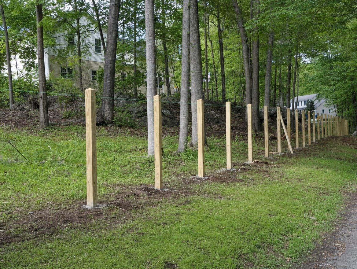 A residential fence installation in progress with newly set posts in Thomaston, CT