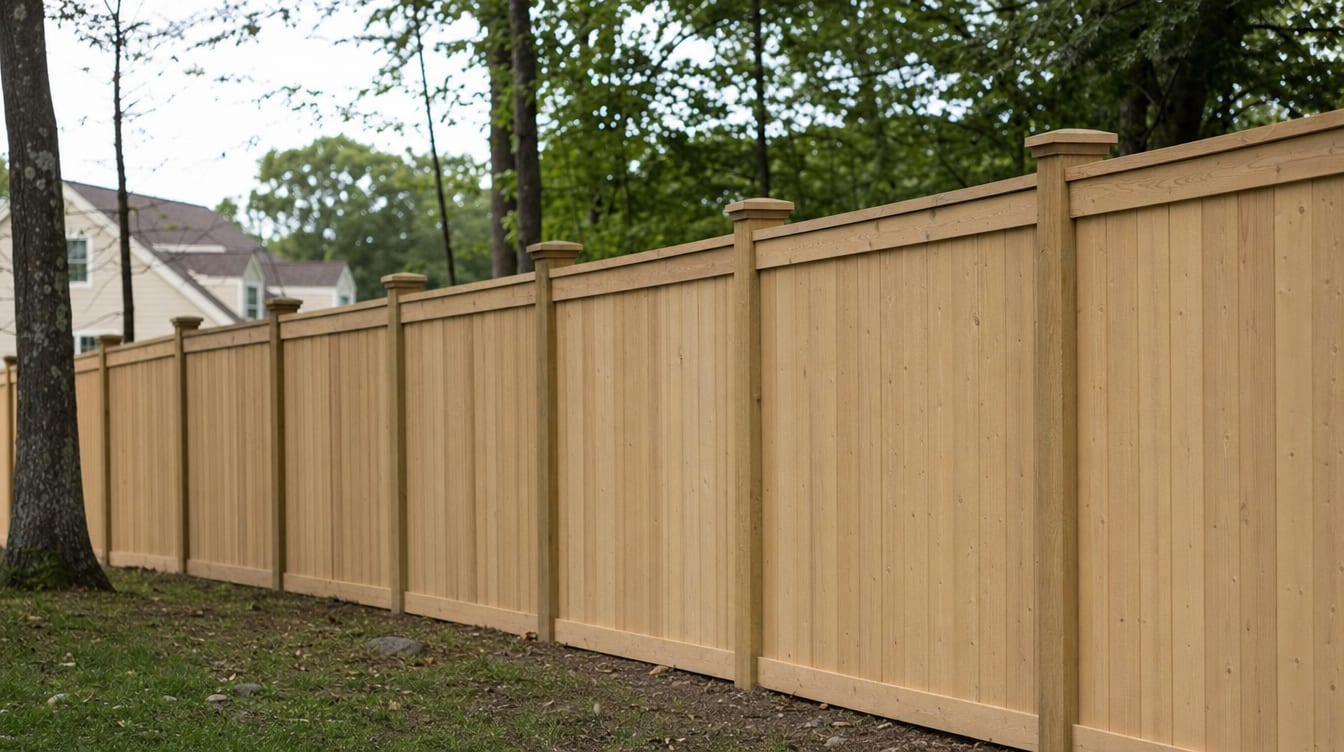 A close view of the top of a finished full six foot tall wood privacy fence with a clean flat post cap, the fence continuing along the property line out of frame in Thomaston, CT