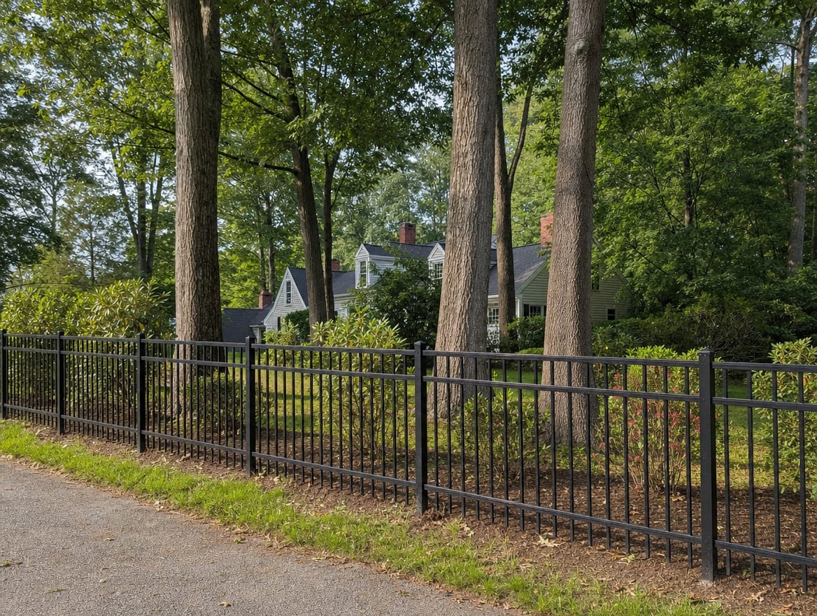 A black aluminum ornamental fence running along a front property line in Trumbull, CT