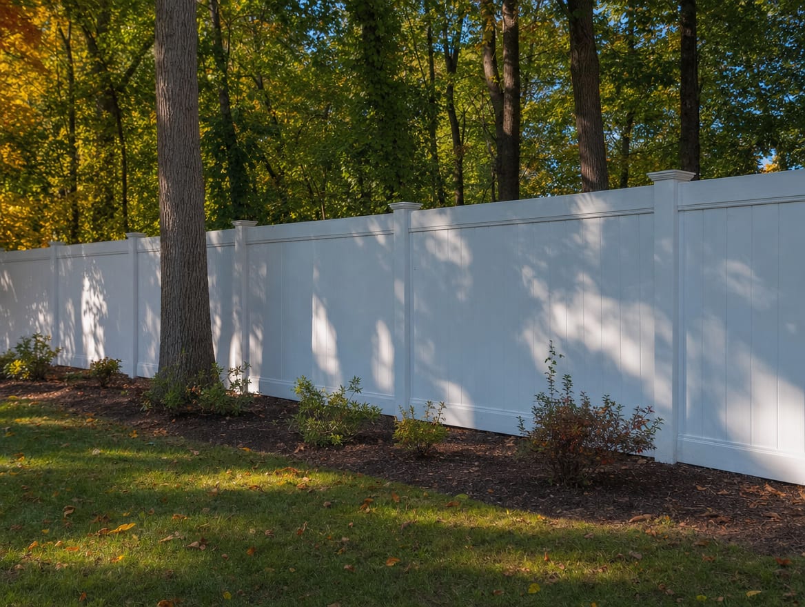 A full six foot tall white vinyl privacy fence running along a backyard property line in Trumbull, CT