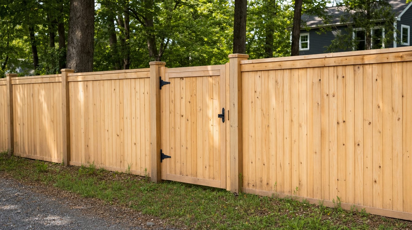 A full six foot tall wood privacy fence with a matching gate set into the run in Trumbull, CT