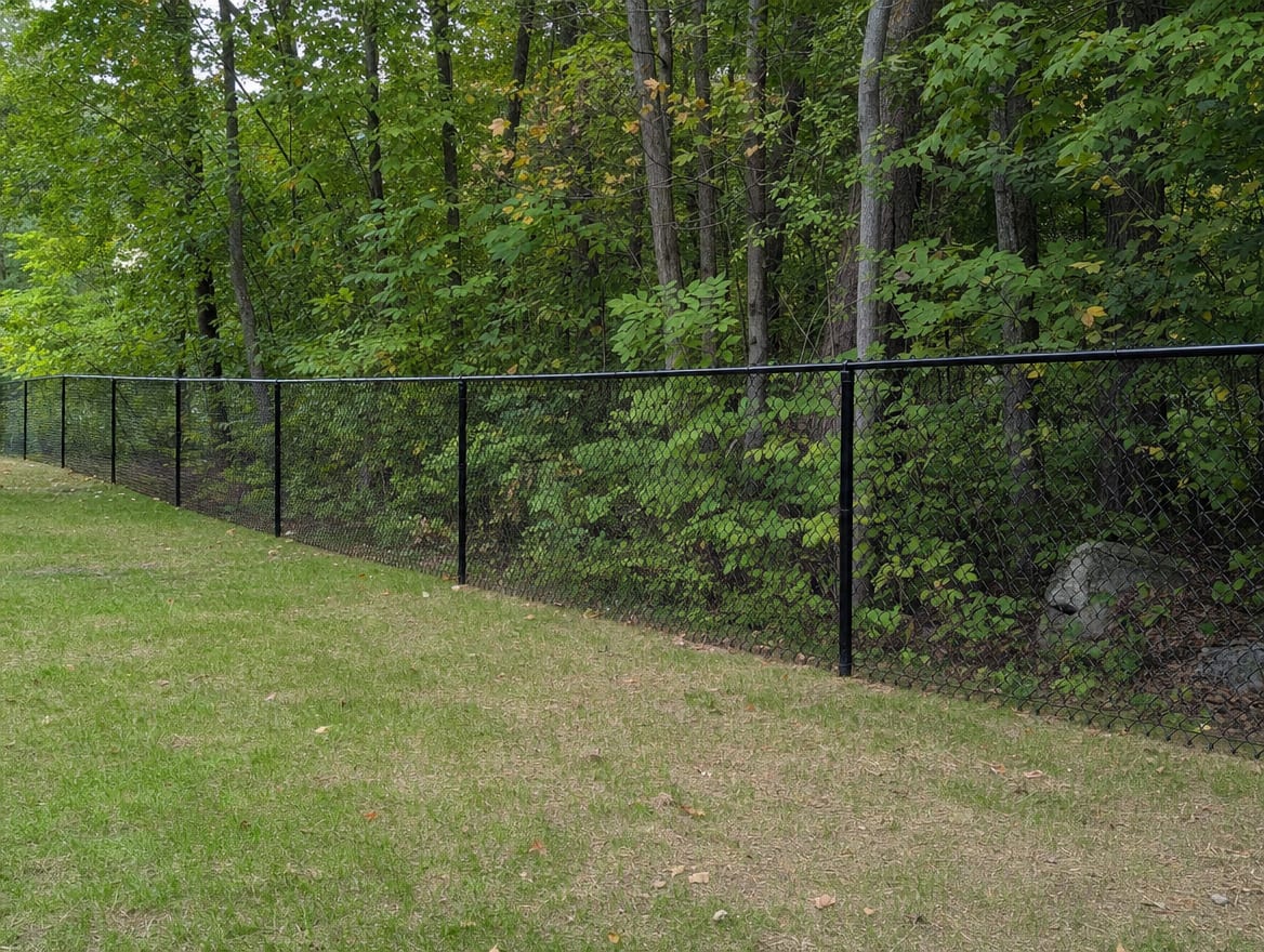 A black chain link fence running along a rear property line of a backyard in Trumbull, CT