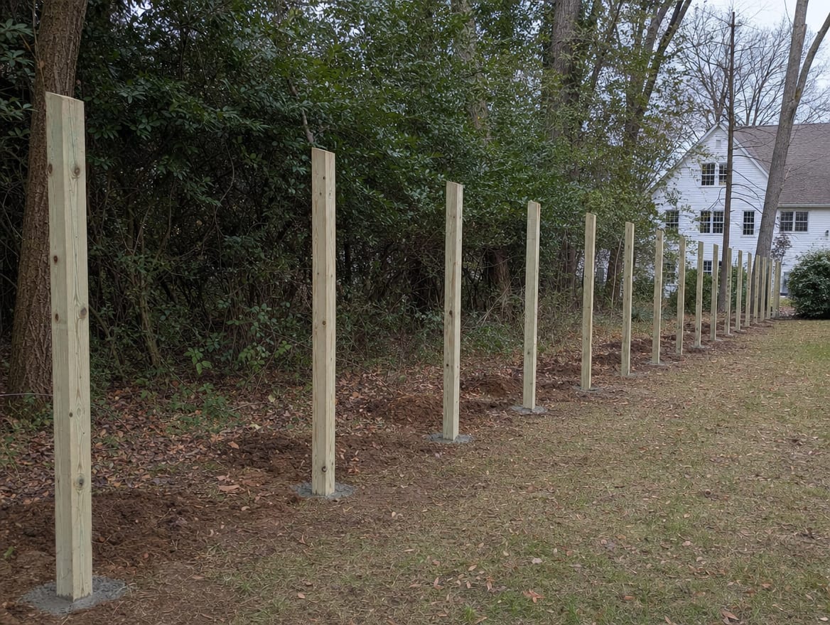 A residential fence installation in progress with newly set posts in Trumbull, CT