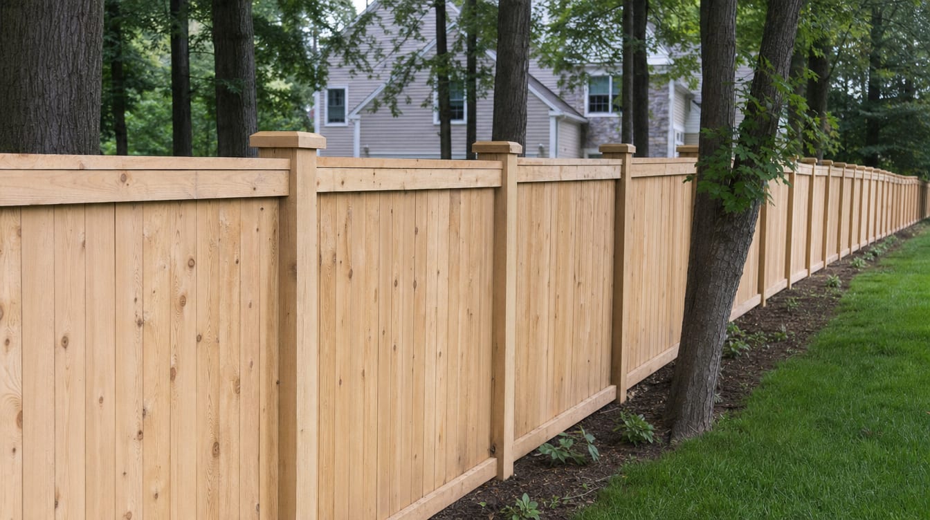 A close view of the top of a finished full six foot tall wood privacy fence with a clean flat post cap, the fence continuing along the property line out of frame in Trumbull, CT