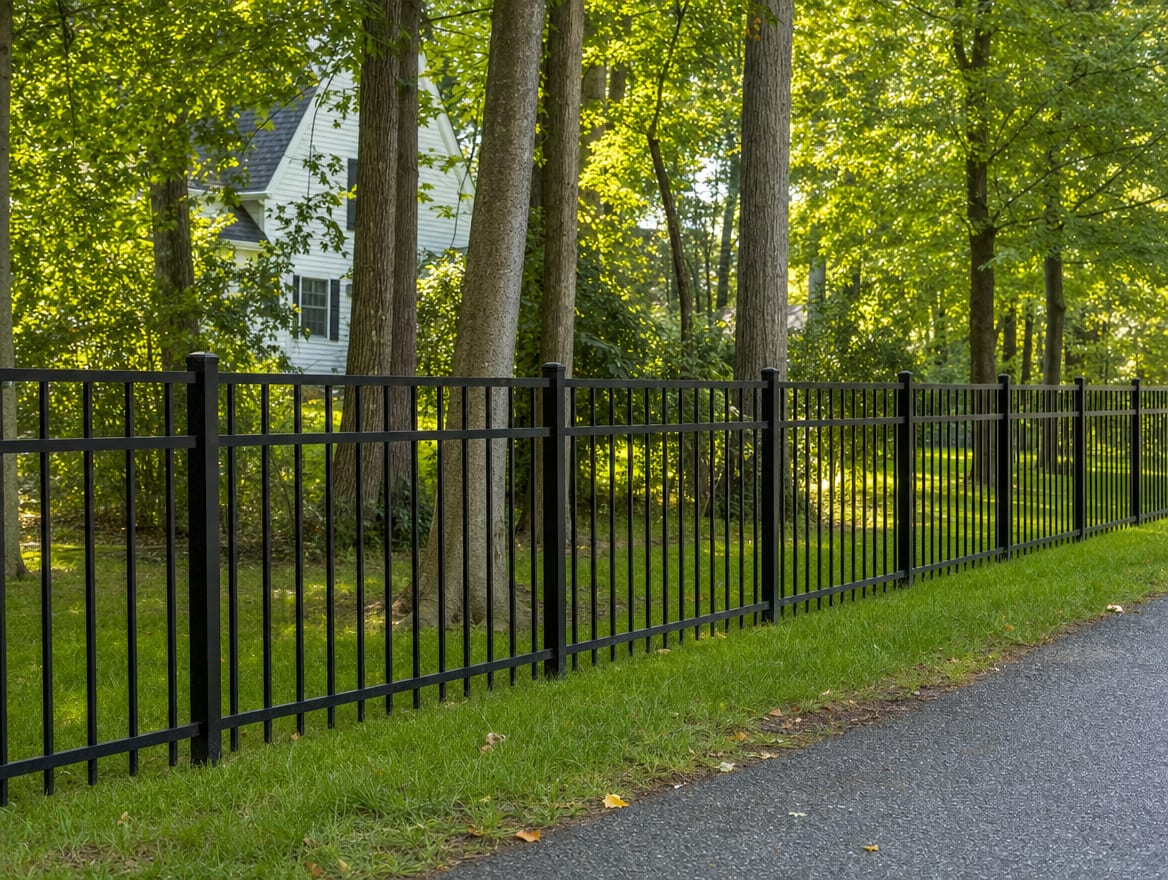 A black aluminum ornamental fence running along a front property line in Trumbull, CT